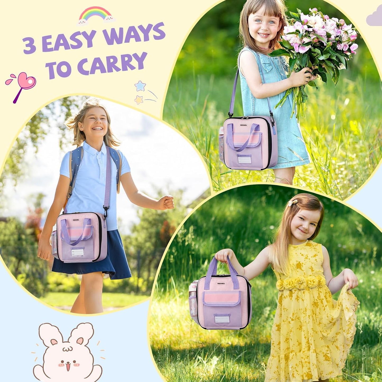 Tactical Lunch Box Kids, Large Insulated Lunch Bag for Girls, Cooler Lunchbag, Square Toddler Lunchbox, Back to School Daycare Lunch Tote Pail with Water Bottle Holder Shoulder Strap, Purple