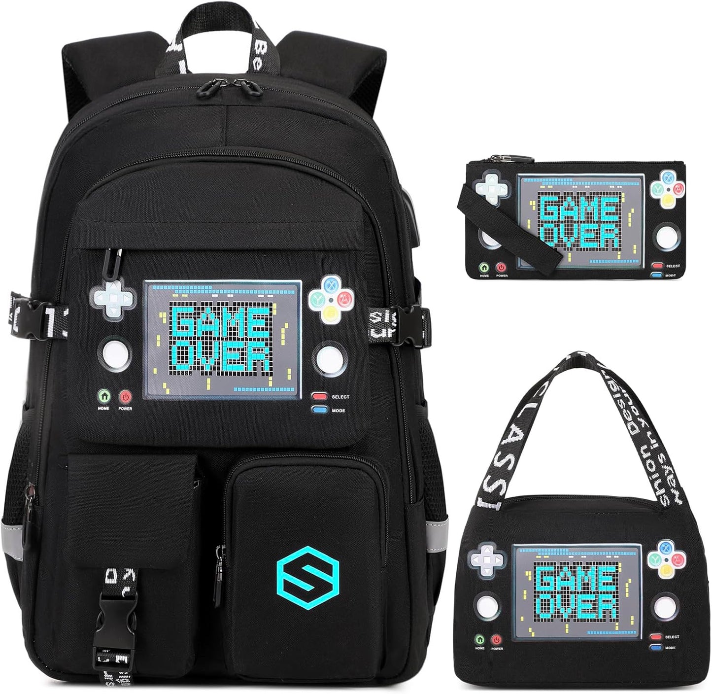 Boys Backpack, Cool Luminous School Backpacks for Boys with Lunch Bag Pencil Case, Kids Backpack Kindergarten Elementary Middle School Book Bags for Teen Boy Children with USB Charging Port