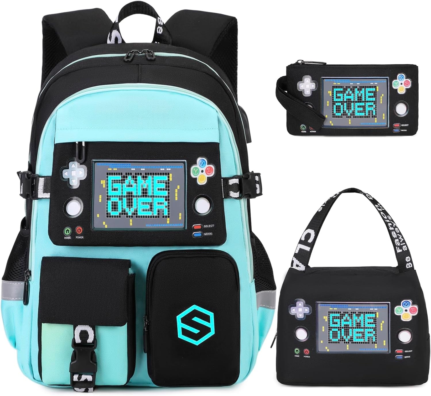 Boys Backpack, Cool Luminous School Backpacks for Boys with Lunch Bag Pencil Case, Kids Backpack Kindergarten Elementary Middle School Book Bags for Teen Boy Children with USB Charging Port