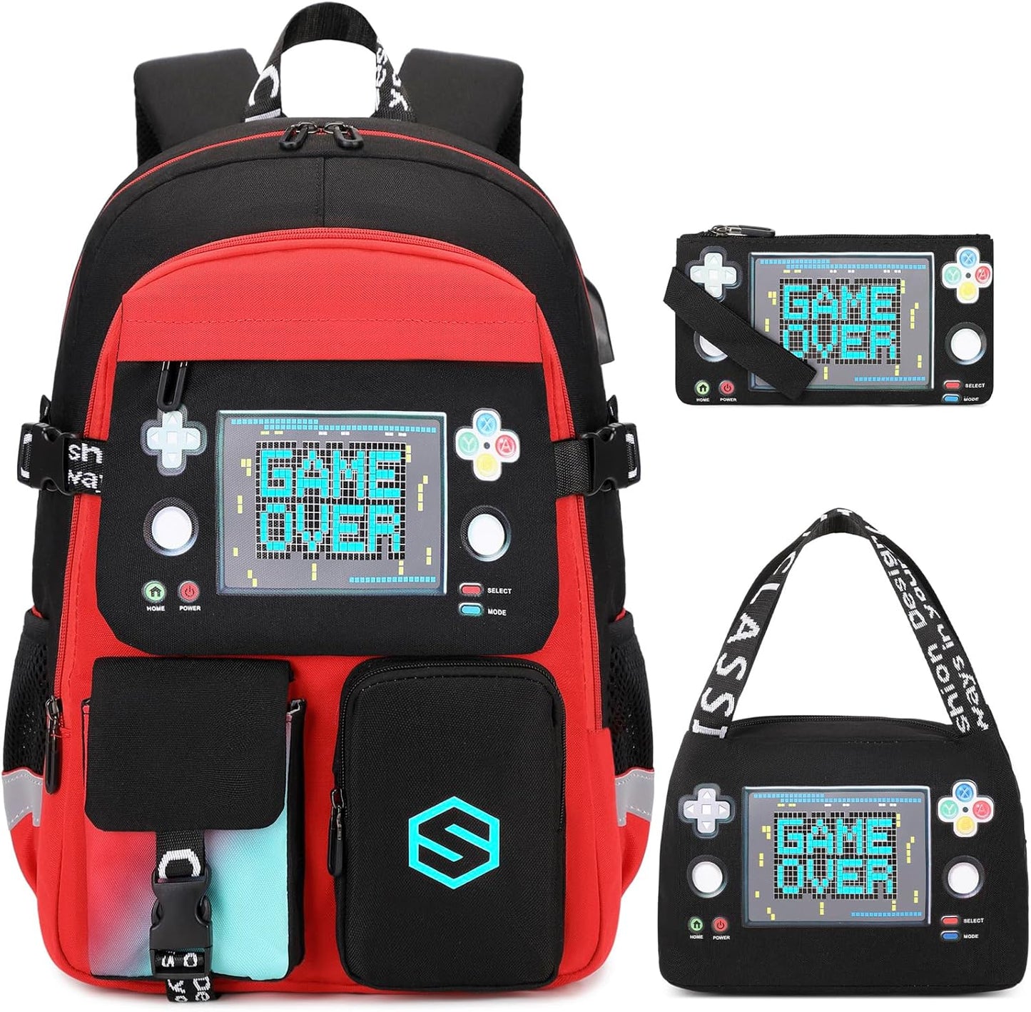 Boys Backpack, Cool Luminous School Backpacks for Boys with Lunch Bag Pencil Case, Kids Backpack Kindergarten Elementary Middle School Book Bags for Teen Boy Children with USB Charging Port