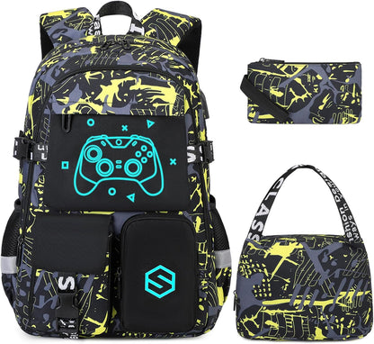 Boys Backpack, Cool Luminous School Backpacks for Boys with Lunch Bag Pencil Case, Kids Backpack Kindergarten Elementary Middle School Book Bags for Teen Boy Children with USB Charging Port