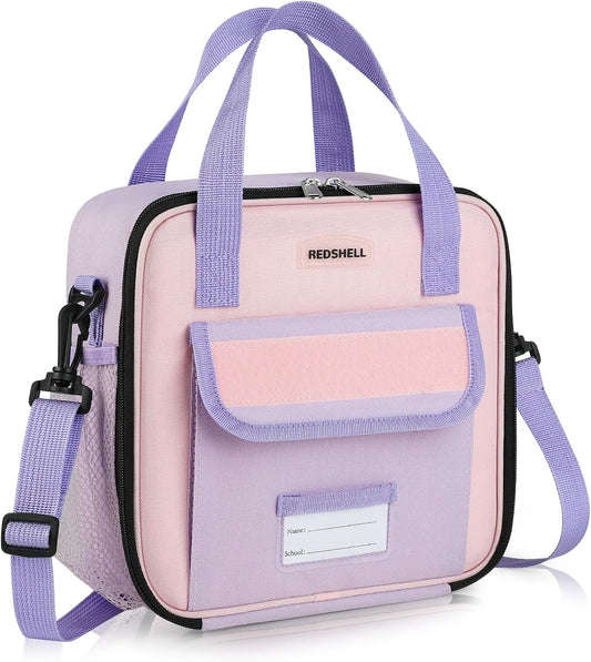 Tactical Lunch Box Kids, Large Insulated Lunch Bag for Girls, Cooler Lunchbag, Square Toddler Lunchbox, Back to School Daycare Lunch Tote Pail with Water Bottle Holder Shoulder Strap, Purple