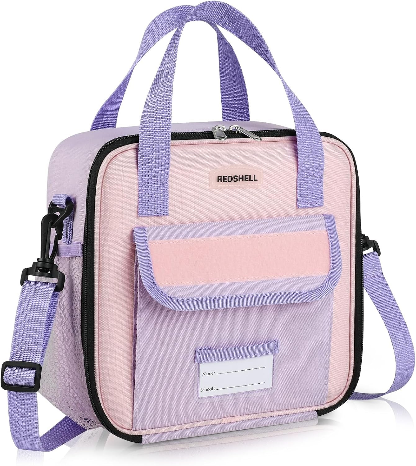 Tactical Lunch Box Kids, Large Insulated Lunch Bag for Girls, Cooler Lunchbag, Square Toddler Lunchbox, Back to School Daycare Lunch Tote Pail with Water Bottle Holder Shoulder Strap, Purple