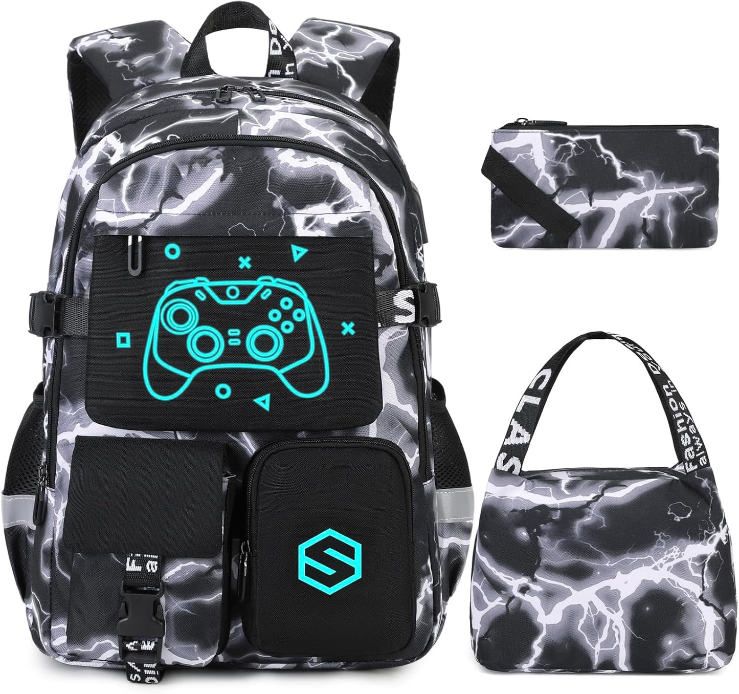 Boys Backpack, Cool Luminous School Backpacks for Boys with Lunch Bag Pencil Case, Kids Backpack Kindergarten Elementary Middle School Book Bags for Teen Boy Children with USB Charging Port