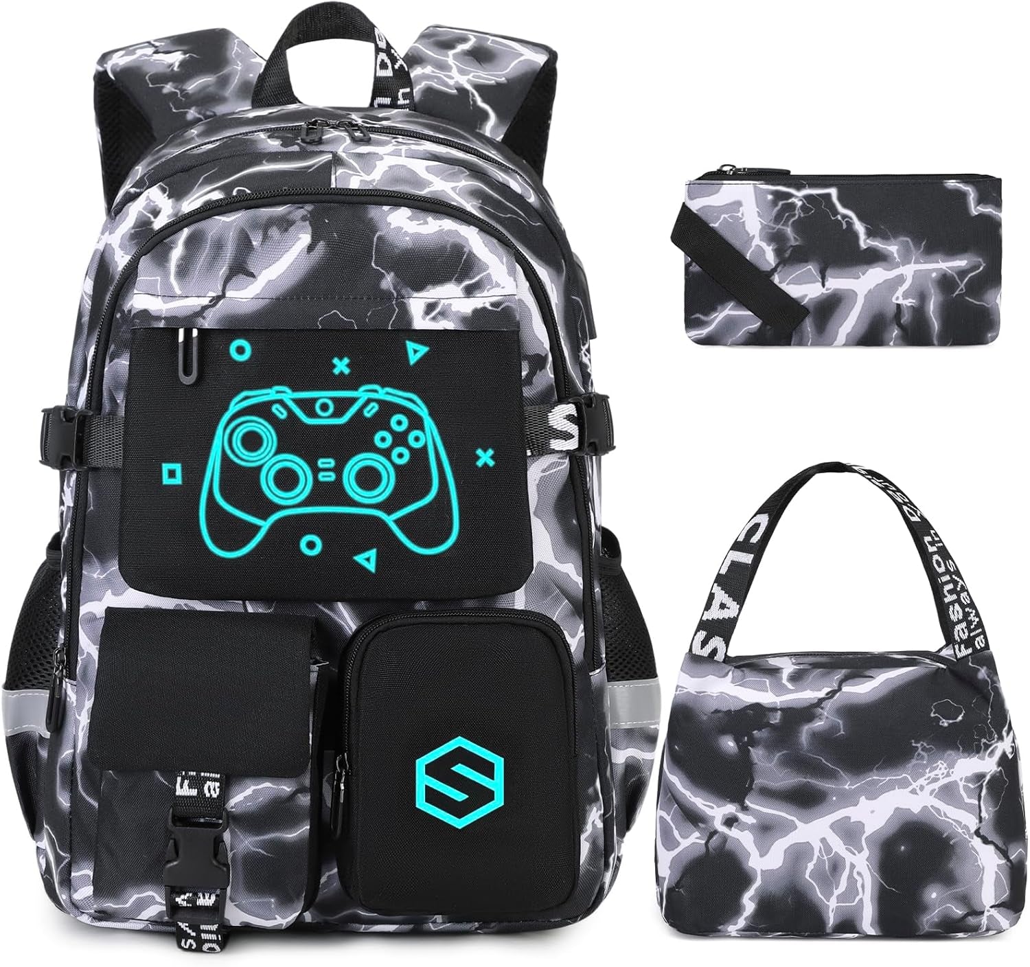 Boys Backpack, Cool Luminous School Backpacks for Boys with Lunch Bag Pencil Case, Kids Backpack Kindergarten Elementary Middle School Book Bags for Teen Boy Children with USB Charging Port