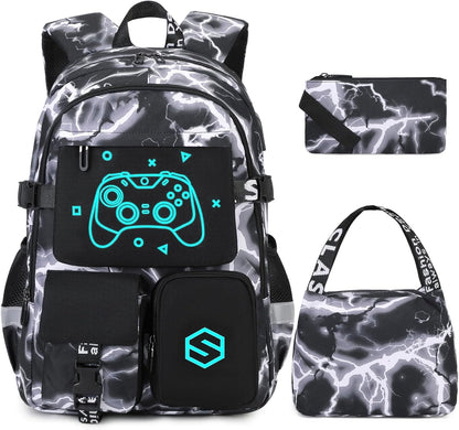 Boys Backpack, Cool Luminous School Backpacks for Boys with Lunch Bag Pencil Case, Kids Backpack Kindergarten Elementary Middle School Book Bags for Teen Boy Children with USB Charging Port