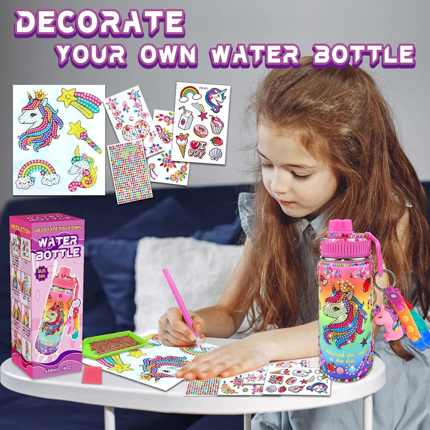 Decorate Your Own Water Bottle Kits for Girls Age 4-6-8-10 (Stainless Steel),Unicorn Themed Painting Crafts,Fun Arts and Crafts Gifts Toys for Girls Birthday Christmas