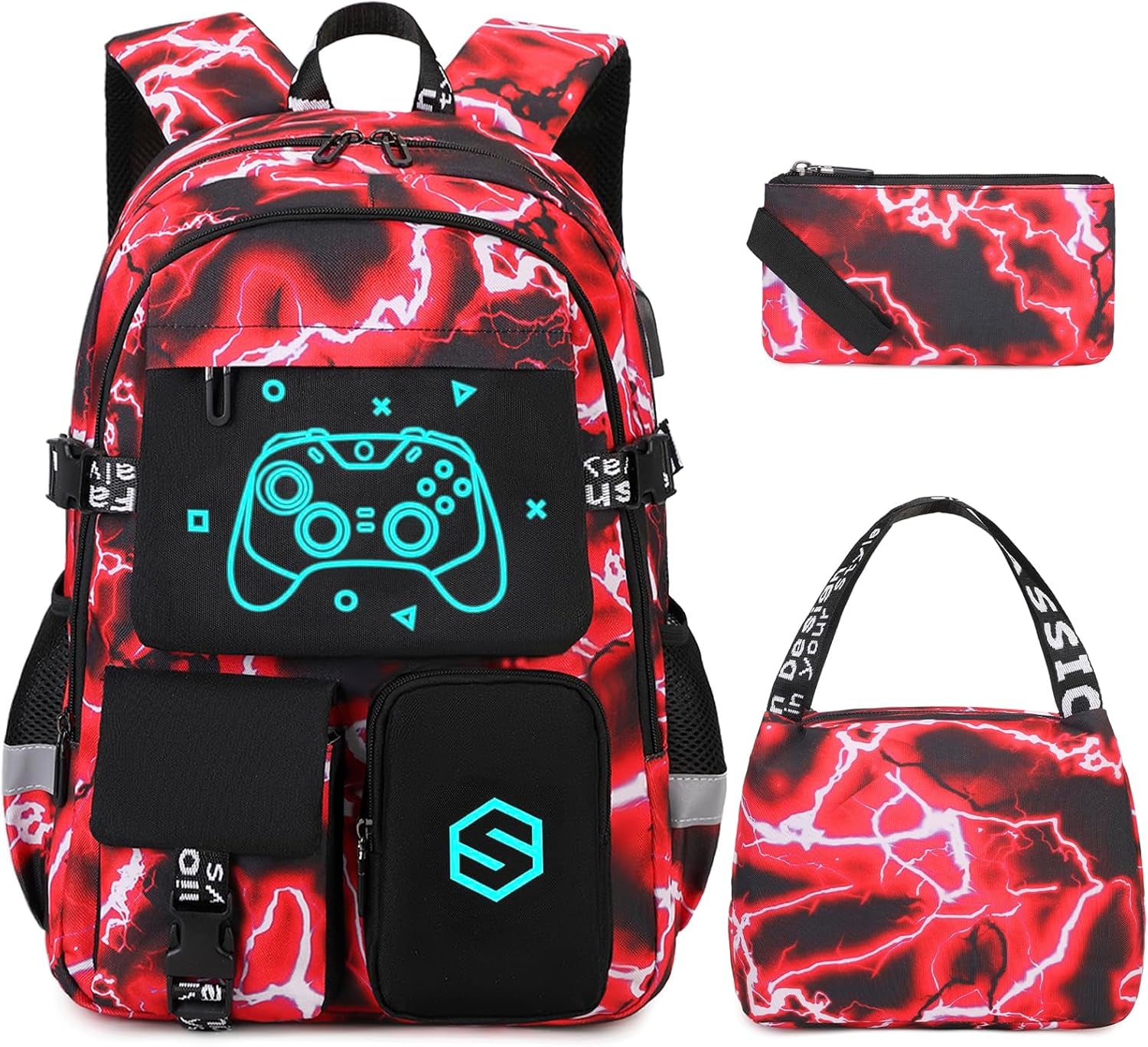 Boys Backpack, Cool Luminous School Backpacks for Boys with Lunch Bag Pencil Case, Kids Backpack Kindergarten Elementary Middle School Book Bags for Teen Boy Children with USB Charging Port