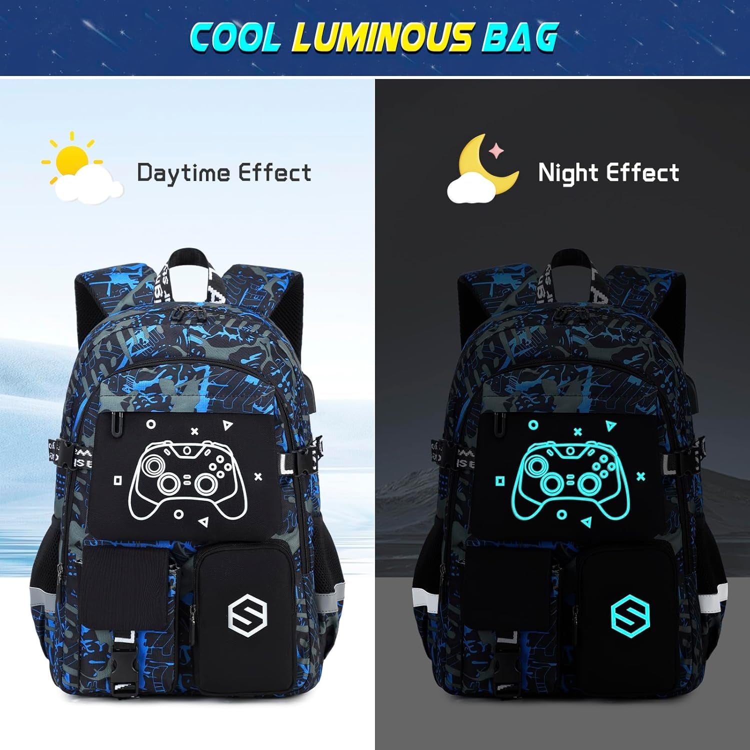 Boys Backpack, Cool Luminous School Backpacks for Boys with Lunch Bag Pencil Case, Kids Backpack Kindergarten Elementary Middle School Book Bags for Teen Boy Children with USB Charging Port