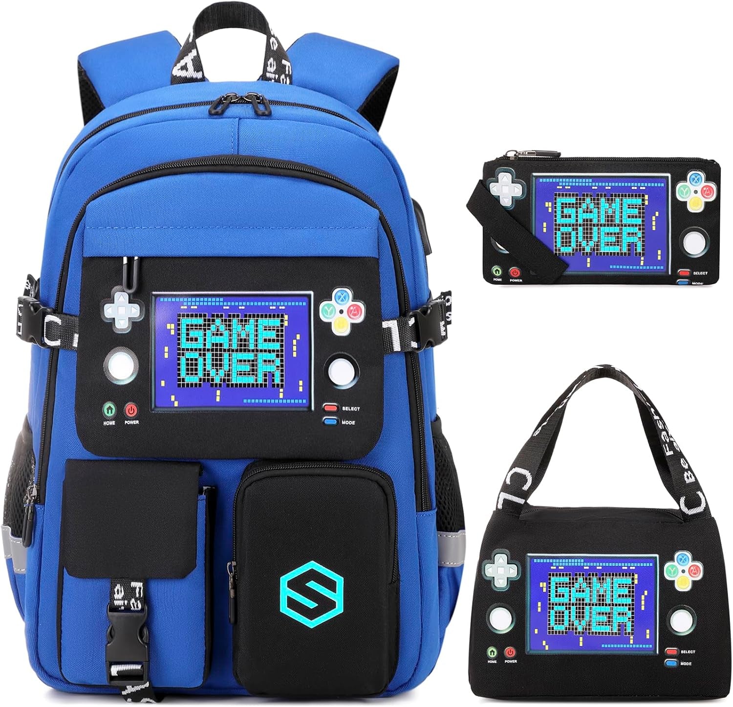 Boys Backpack, Cool Luminous School Backpacks for Boys with Lunch Bag Pencil Case, Kids Backpack Kindergarten Elementary Middle School Book Bags for Teen Boy Children with USB Charging Port