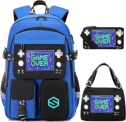Boys Backpack, Cool Luminous School Backpacks for Boys with Lunch Bag Pencil Case, Kids Backpack Kindergarten Elementary Middle School Book Bags for Teen Boy Children with USB Charging Port