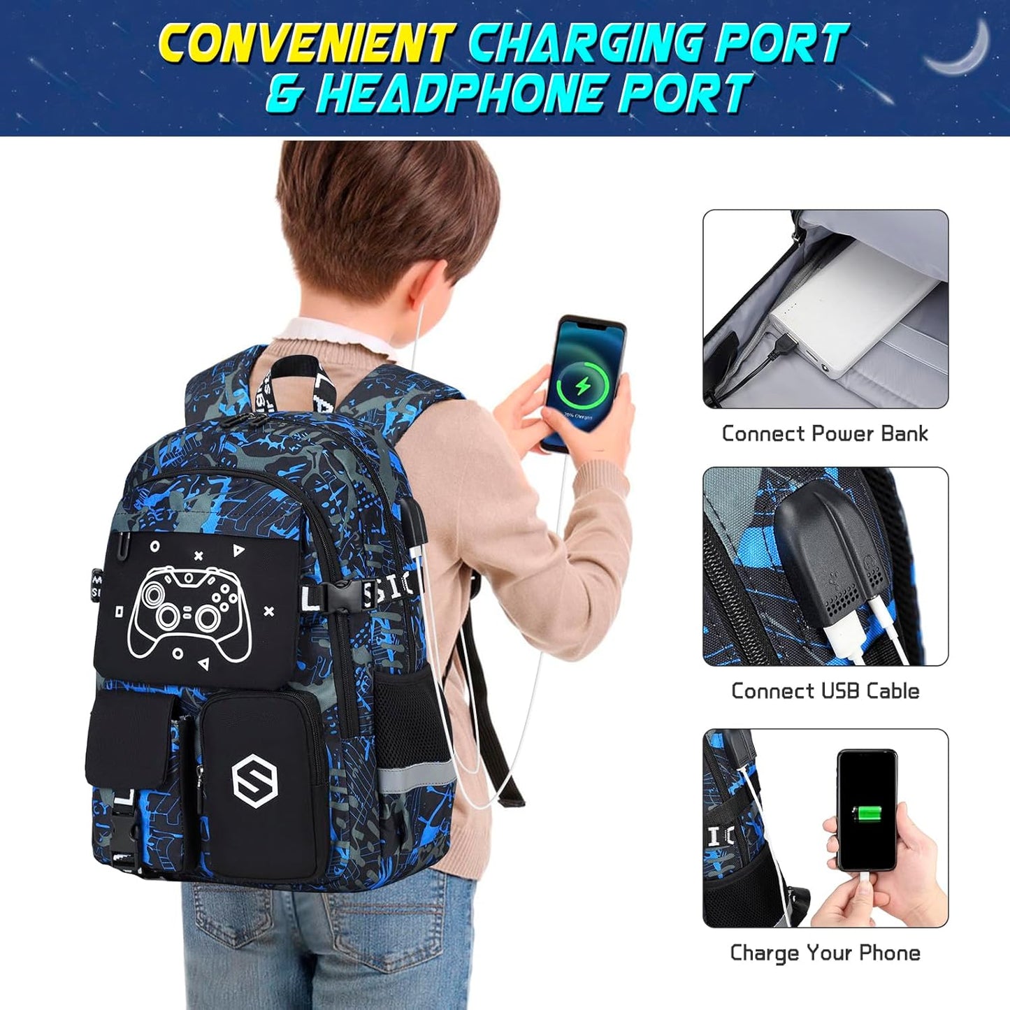 Boys Backpack, Cool Luminous School Backpacks for Boys with Lunch Bag Pencil Case, Kids Backpack Kindergarten Elementary Middle School Book Bags for Teen Boy Children with USB Charging Port