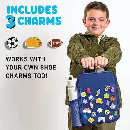 Stylish Navy Blue Charm Lunch Bag for Kids - Personalize with Fun Shoe Charms! Perfect for School Lunches!