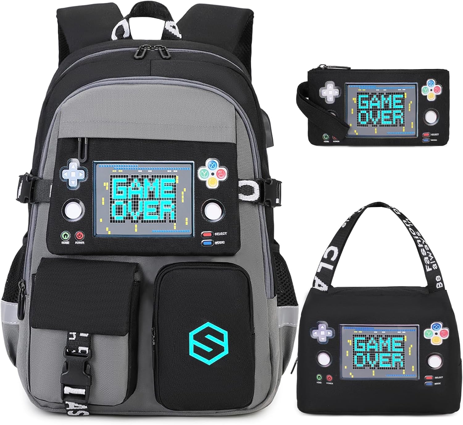 Boys Backpack, Cool Luminous School Backpacks for Boys with Lunch Bag Pencil Case, Kids Backpack Kindergarten Elementary Middle School Book Bags for Teen Boy Children with USB Charging Port